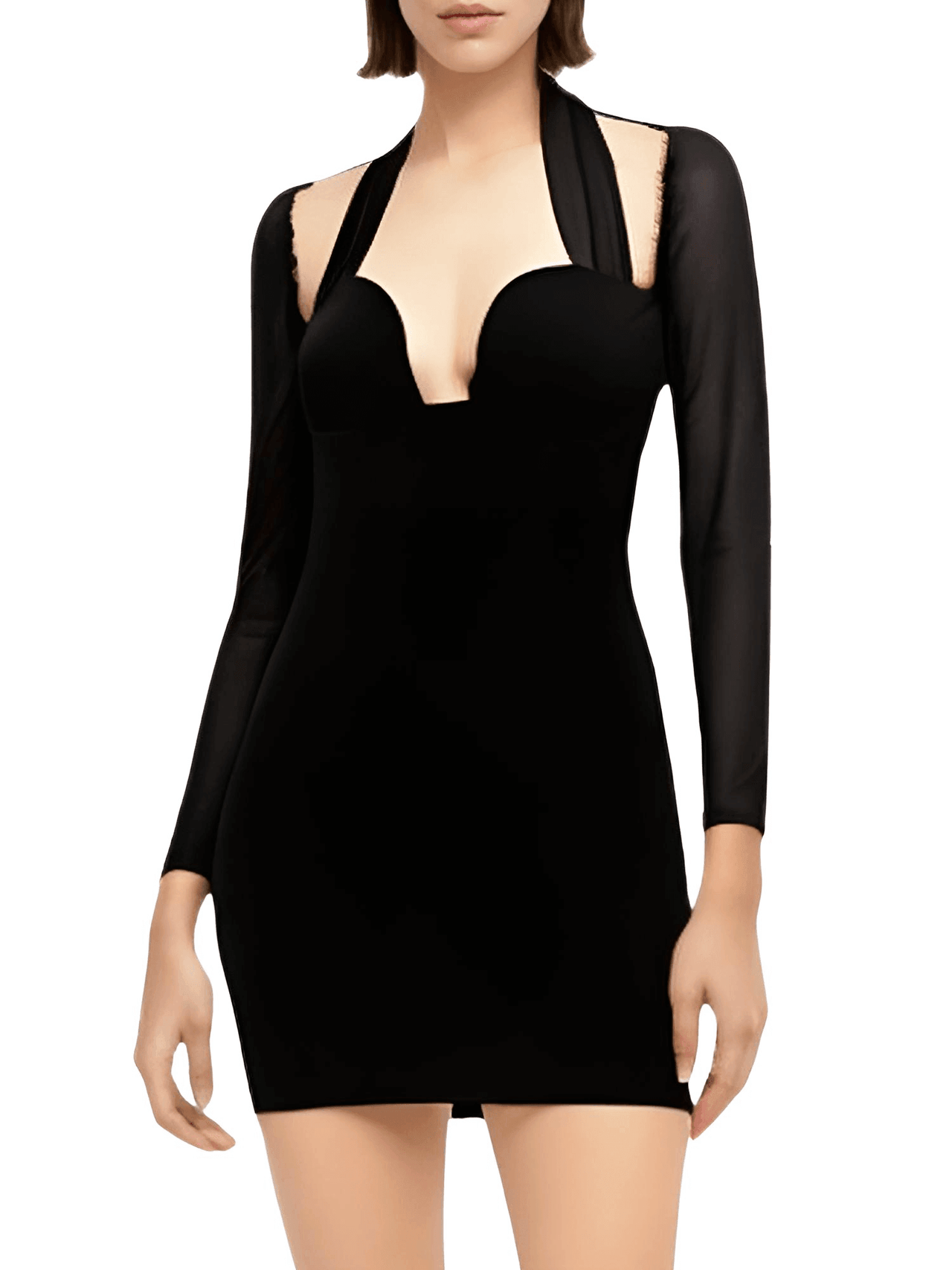 Sexy Halter Black Bodycon Plunge Mini Dress for Women -, Dress , Drestiny , Australia, Black, Canada, L, Long Sleeves, M, Mini Dresses, New Zealand, S, United Kingdom, United States , Drestiny , www.shopdrestiny.com