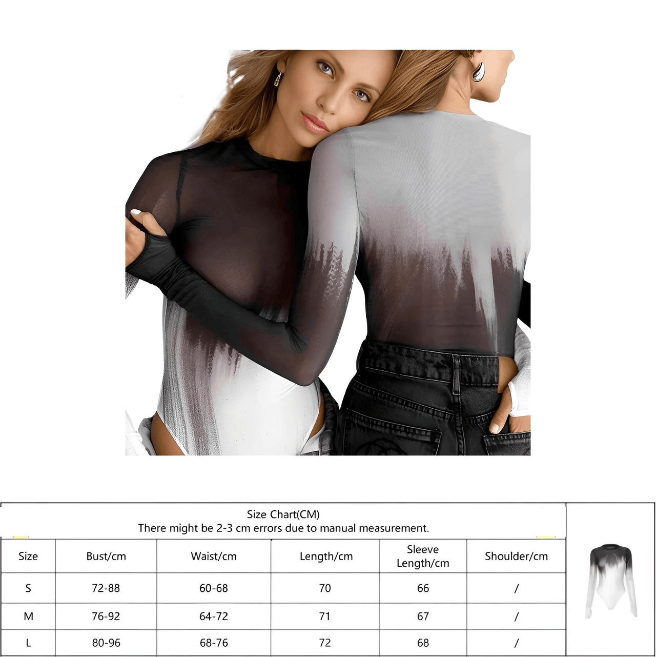 Mesh Sheer Gradient Bodysuit Women's Crew Neck Gradient Transparent Super Elastic Fashion Shirts, Drestiny, Casual Shirts, Bodysuits, Long Sleeve Bodysuits, Long Sleeves, White, S, M, L, United States, Gender_Women, Canada, Australia, New Zealand, United Kingdom, shopdrestiny.com