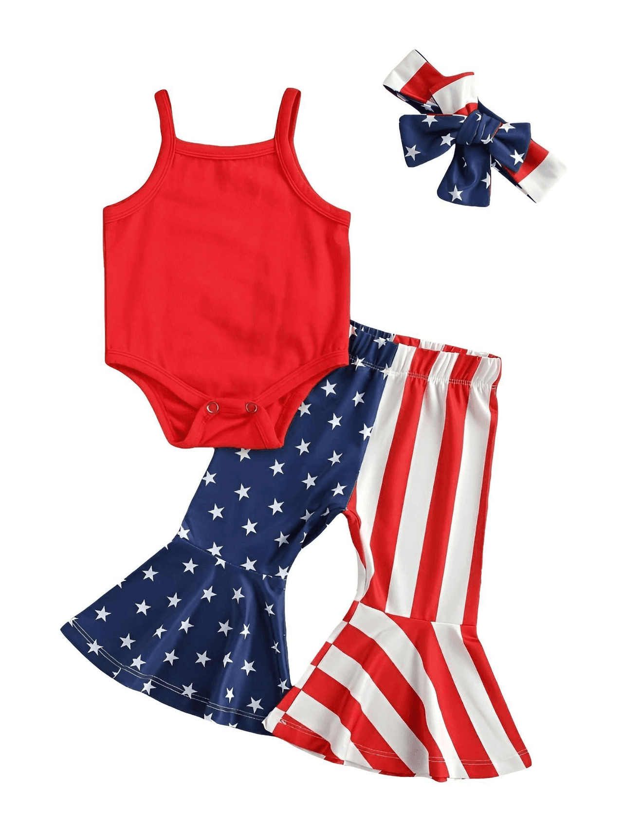 Solid Red Romper + Star Stripe Flare Pants - Baby Girl's July 4th Holiday Set -, Outfit Sets , Drestiny , 12M, 18M, 3M, 6M, Australia, Blue, Bodysuits, Canada, Casual Pants, Dark Blue, Girls, New Zealand, Pant Sets, Red, Sleeveless, United Kingdom, United States, White , Drestiny , www.shopdrestiny.com