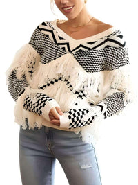 Thumbnail for Vintage White Fringe Sweater For Women -, Sweater , Drestiny , Australia, Black, L, M, New Zealand, Off White, One Shoulder, Pullovers, S, Sweaters, United Kingdom, United States, XL , Drestiny , www.shopdrestiny.com