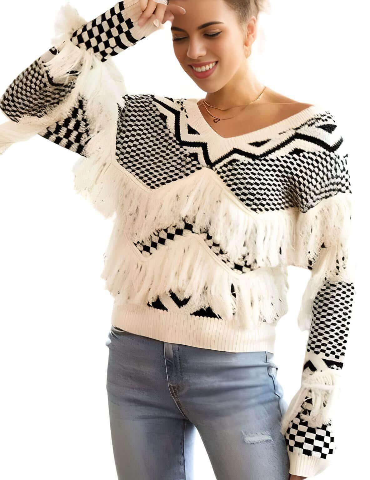 Vintage White Fringe Sweater For Women -, Sweater , Drestiny , Australia, Black, L, M, New Zealand, Off White, One Shoulder, Pullovers, S, Sweaters, United Kingdom, United States, XL , Drestiny , www.shopdrestiny.com