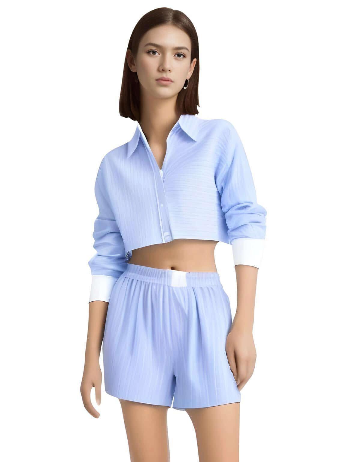 Women's 2-Piece Fashion Stripe Shirt + Casual Shorts Set -, Short Sets , Drestiny , Australia, Blouses, Blue, Casual Shirts, Crop Tops, FR, L, Long Sleeves, M, New Zealand, S, Short Sets, Shorts, United Kingdom, United States, White , Drestiny , www.shopdrestiny.com