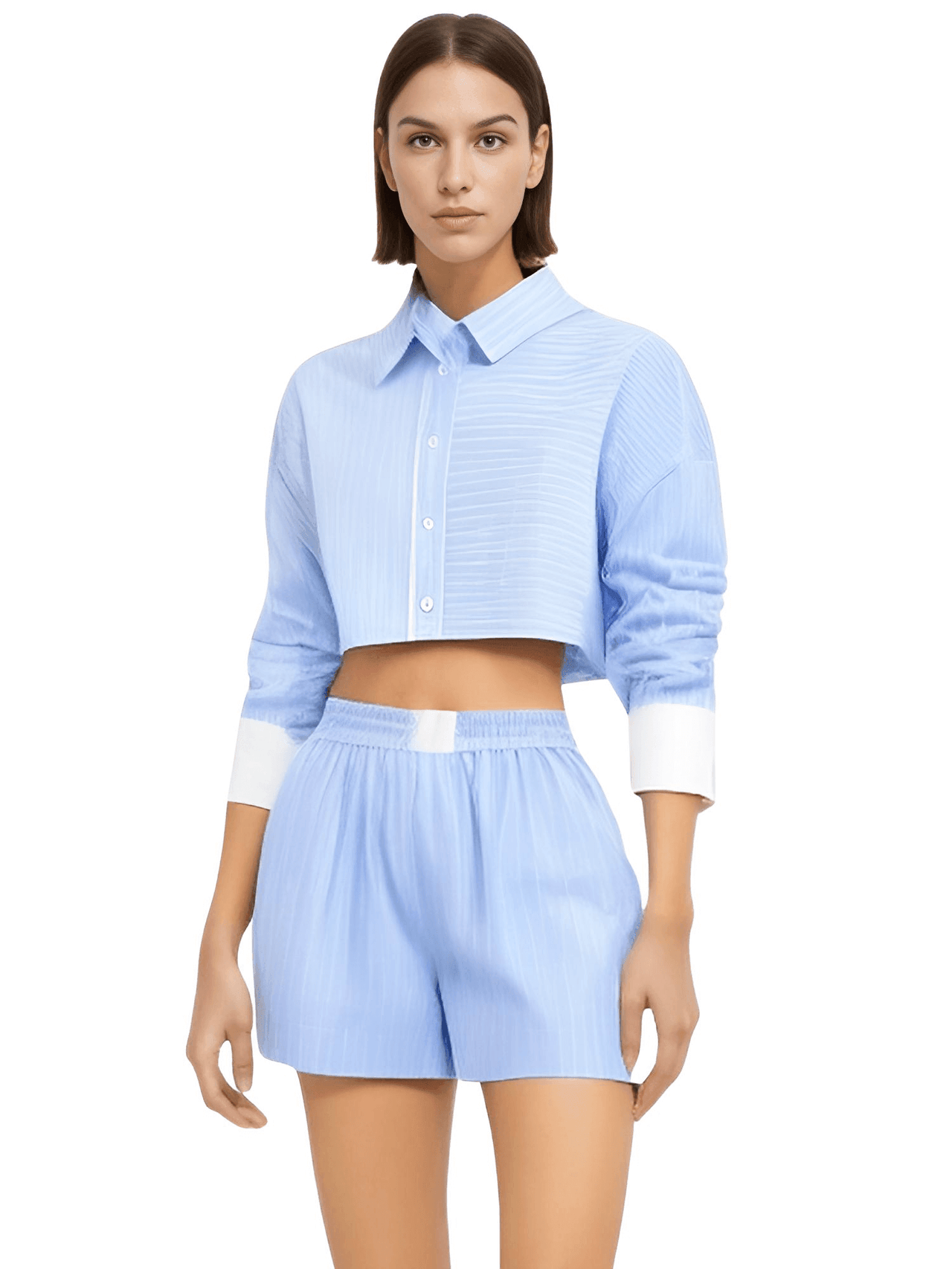 Women's 2-Piece Fashion Stripe Shirt + Casual Shorts Set -, Short Sets , Drestiny , Australia, Blouses, Blue, Casual Shirts, Crop Tops, FR, L, Long Sleeves, M, New Zealand, S, Short Sets, Shorts, United Kingdom, United States, White , Drestiny , www.shopdrestiny.com