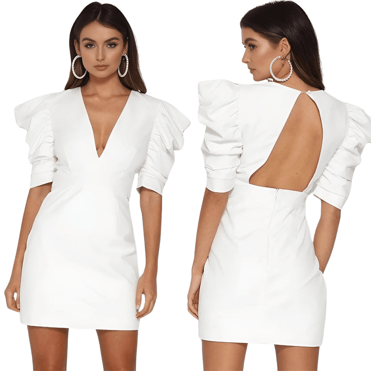 Women's Deep V-Neck Puff Sleeve Dress -, Dresses , Drestiny , Australia, Canada, FR, L, M, Mini Dresses, New Zealand, S, Short Sleeves, United Kingdom, United States, White , Drestiny , www.shopdrestiny.com