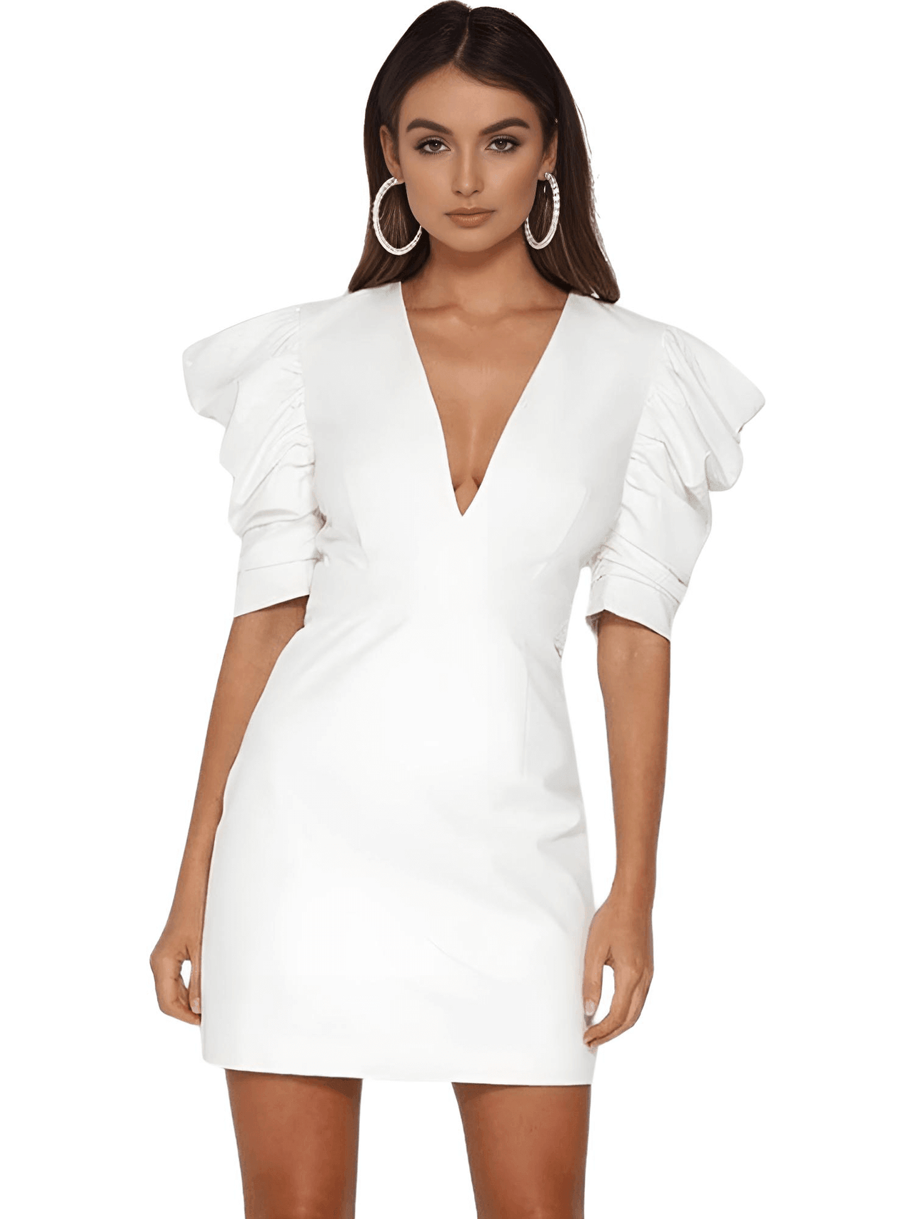 Women's Deep V-Neck Puff Sleeve Dress -, Dresses , Drestiny , Australia, Canada, FR, L, M, Mini Dresses, New Zealand, S, Short Sleeves, United Kingdom, United States, White , Drestiny , www.shopdrestiny.com