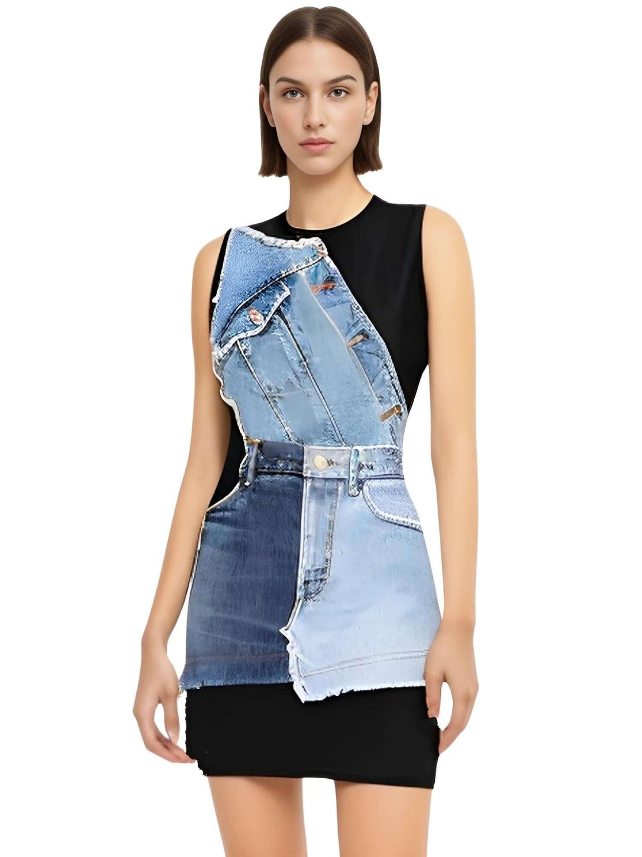 Women's Denim Patchwork Dress For Women -, Dress , Drestiny , Australia, Black, Blue, Canada, Dark Blue, L, Light Blue, M, Mini Dresses, New Zealand, S, Sleeveless, United Kingdom, United States, XL , Drestiny , www.shopdrestiny.com