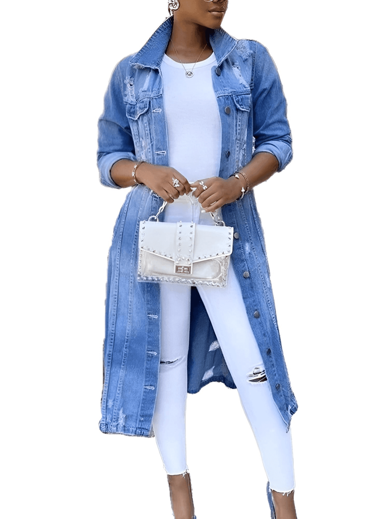 Women's Long Ripped Denim Jacket -, Jackets , Drestiny , Australia, Blue, Dark Blue, Jackets, L, Light Blue, M, New Zealand, S, United Kingdom, United States, XL, XXL, XXXL , Drestiny , www.shopdrestiny.com