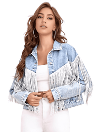 Thumbnail for Women's Loose Tassel Washed Blue Denim Jacket - Now in Black Too! -, Jackets , Drestiny , Australia, Black, Blue, Coats, Jackets, L, M, New Zealand, S, United Kingdom, United States, XS , Drestiny , www.shopdrestiny.com