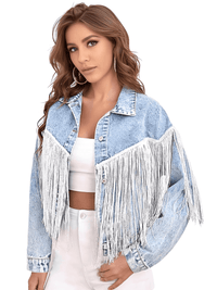 Thumbnail for Women's Loose Tassel Washed Blue Denim Jacket - Now in Black Too! -, Jackets , Drestiny , Australia, Black, Blue, Coats, Jackets, L, M, New Zealand, S, United Kingdom, United States, XS , Drestiny , www.shopdrestiny.com