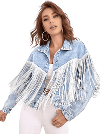 Thumbnail for Women's Loose Tassel Washed Blue Denim Jacket - Now in Black Too! -, Jackets , Drestiny , Australia, Black, Blue, Coats, Jackets, L, M, New Zealand, S, United Kingdom, United States, XS , Drestiny , www.shopdrestiny.com