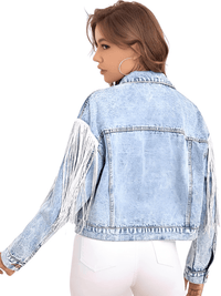 Thumbnail for Women's Loose Tassel Washed Blue Denim Jacket - Now in Black Too! -, Jackets , Drestiny , Australia, Black, Blue, Coats, Jackets, L, M, New Zealand, S, United Kingdom, United States, XS , Drestiny , www.shopdrestiny.com