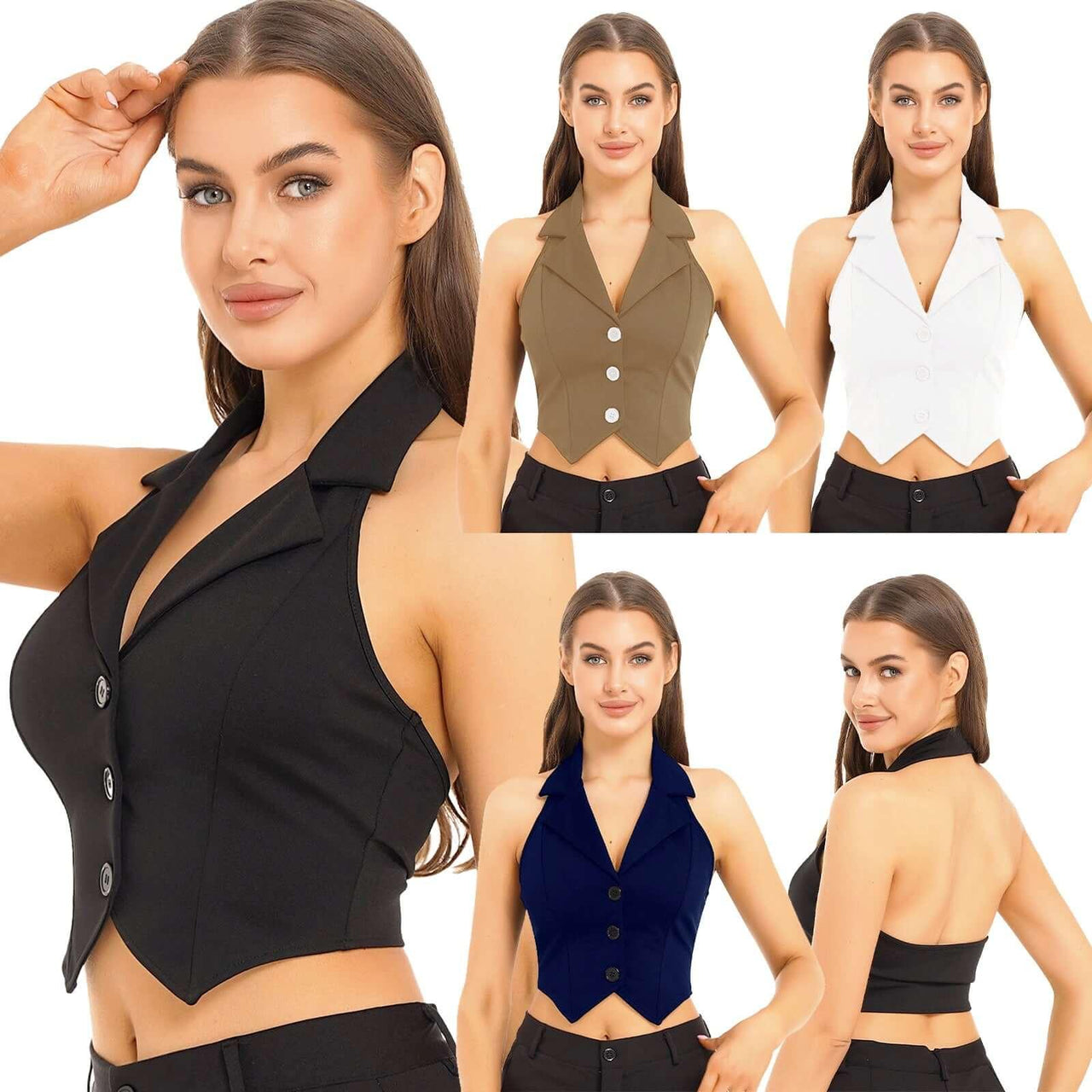 Women's Office Chic Backless Halter V-Neck Crop Vest -, Vests , Drestiny , Australia, Black, Brown, Canada, Dark Blue, Khaki, L, M, Navy, New Zealand, S, United Kingdom, United States, Vests, White, XL, XXL , Drestiny , www.shopdrestiny.com