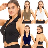 Thumbnail for Women's Office Chic Backless Halter V-Neck Crop Vest -, Vests , Drestiny , Australia, Black, Brown, Canada, Dark Blue, Khaki, L, M, Navy, New Zealand, S, United Kingdom, United States, Vests, White, XL, XXL , Drestiny , www.shopdrestiny.com