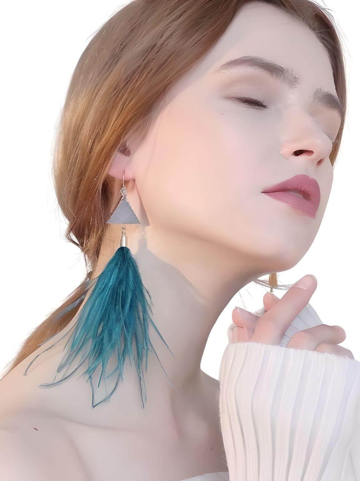 Women's Ostrich Feather Earrings -, Earrings , Drestiny , Australia, Blue, Canada, Earrings, Gender_Women, Grey, New Zealand, Red, Teal, United Kingdom, United States, Wine Red , Drestiny , www.shopdrestiny.com