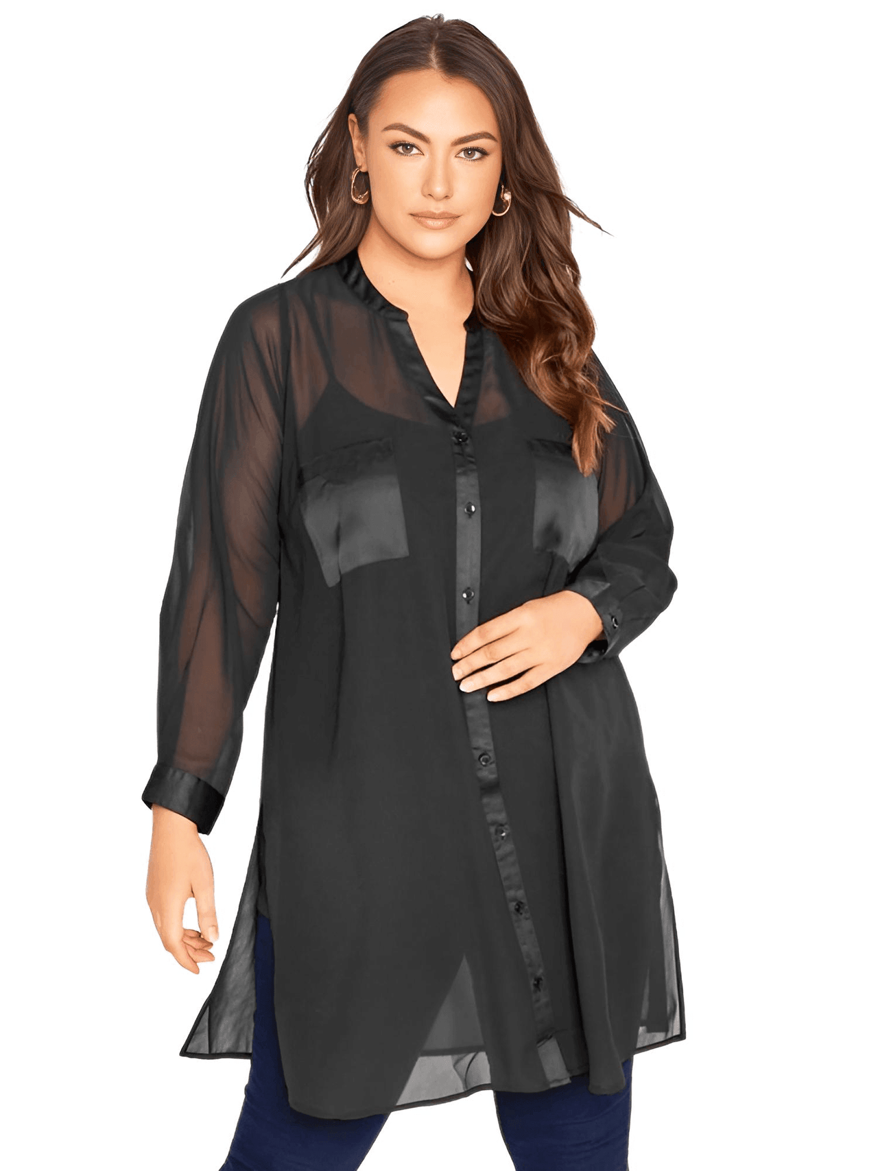 Women's Plus Size Sheer Black Blouse -, Blouses , Drestiny , 4XL, 5XL, 6XL, 7XL, 8XL, Australia, Black, Blouses, Casual Shirts, Dress Shirts, L, Long Sleeves, New Zealand, United Kingdom, United States, XL, XXL, XXXL , Drestiny , www.shopdrestiny.com