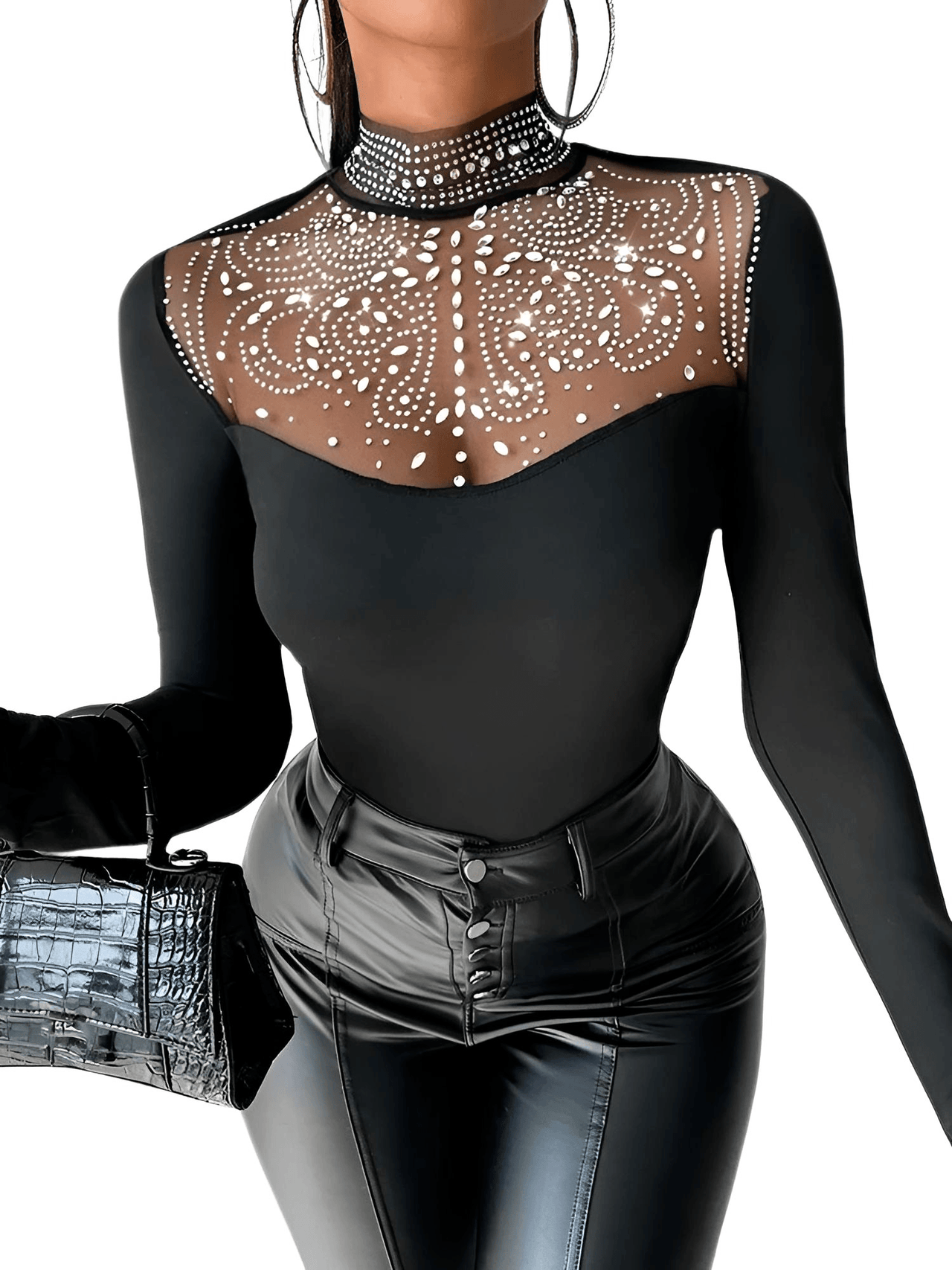 Women's Sexy Black Rhinestone Long Sleeve Top -, Shirts , Drestiny , Australia, Black, Canada, Dress Shirts, L, Long Sleeves, M, New Zealand, S, United Kingdom, United States, XL , Drestiny , www.shopdrestiny.com