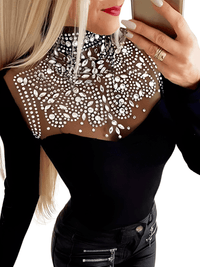 Thumbnail for Women's Sexy Black Rhinestone Long Sleeve Top -, Shirts , Drestiny , Australia, Black, Canada, Dress Shirts, L, Long Sleeves, M, New Zealand, S, United Kingdom, United States, XL , Drestiny , www.shopdrestiny.com