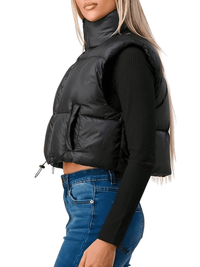 Thumbnail for Women's Zip Up Crop Puffer Vest -, Vests , Drestiny , Australia, Black, Canada, Khaki, L, M, New Zealand, S, Sleeveless, United Kingdom, United States, Vests , Drestiny , www.shopdrestiny.com