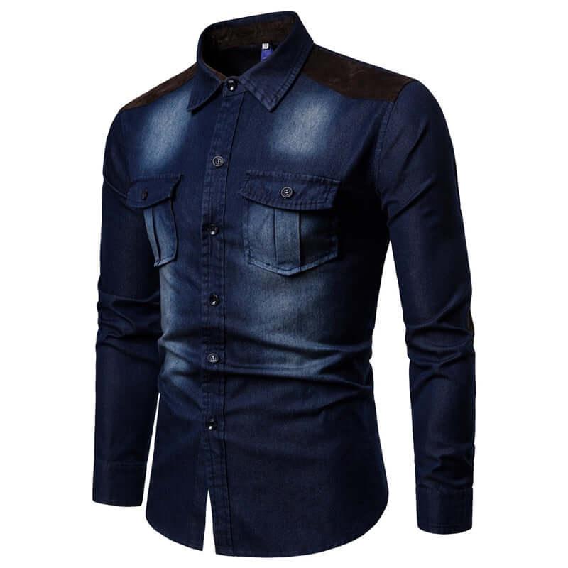 Long Sleeve Denim Shirt With Suede Shoulder & Elbow Pads -, Shirts & Tops , Drestiny , Australia, Blue, Casual Shirts, Dark Blue, Dress Shirts, L, Light Blue, M, New Zealand, United Kingdom, United States, XL, XXL, XXXL , Drestiny , www.shopdrestiny.com