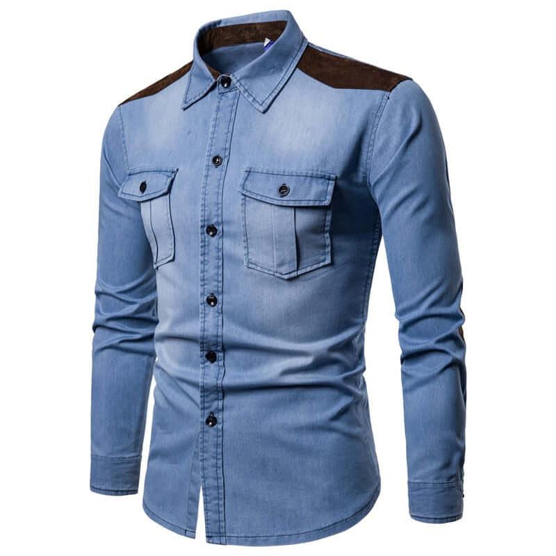 Long Sleeve Denim Shirt With Suede Shoulder & Elbow Pads -, Shirts & Tops , Drestiny , Australia, Blue, Casual Shirts, Dark Blue, Dress Shirts, L, Light Blue, M, New Zealand, United Kingdom, United States, XL, XXL, XXXL , Drestiny , www.shopdrestiny.com