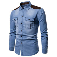 Thumbnail for Long Sleeve Denim Shirt With Suede Shoulder & Elbow Pads -, Shirts & Tops , Drestiny , Australia, Blue, Casual Shirts, Dark Blue, Dress Shirts, L, Light Blue, M, New Zealand, United Kingdom, United States, XL, XXL, XXXL , Drestiny , www.shopdrestiny.com