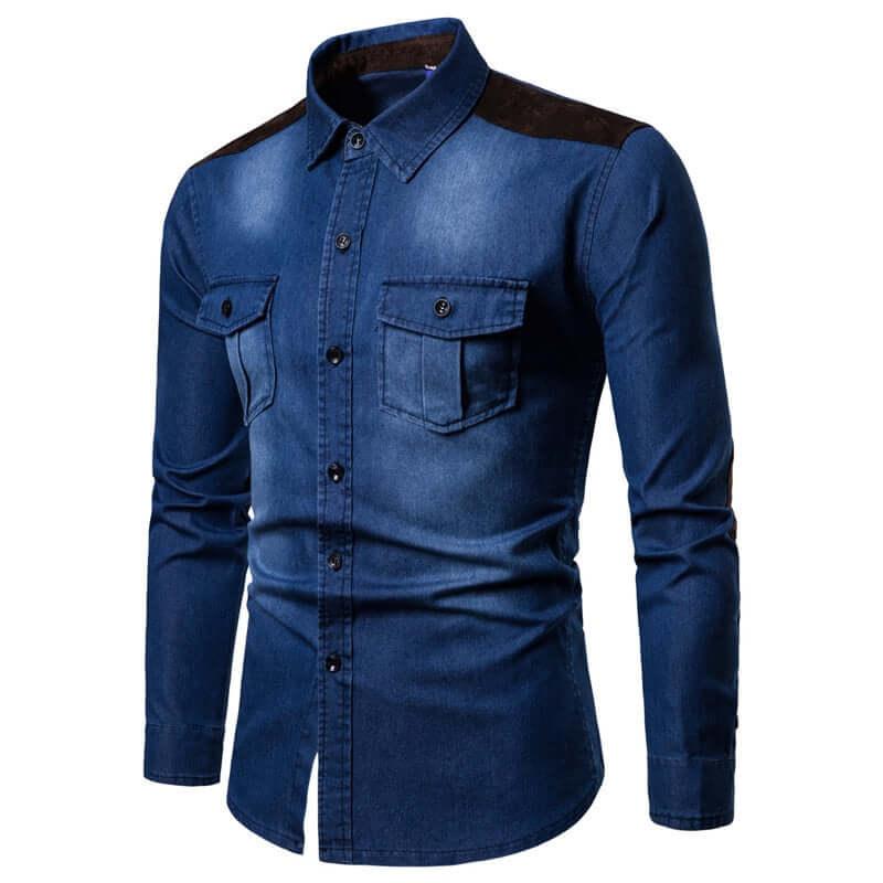 Long Sleeve Denim Shirt With Suede Shoulder & Elbow Pads -, Shirts & Tops , Drestiny , Australia, Blue, Casual Shirts, Dark Blue, Dress Shirts, L, Light Blue, M, New Zealand, United Kingdom, United States, XL, XXL, XXXL , Drestiny , www.shopdrestiny.com