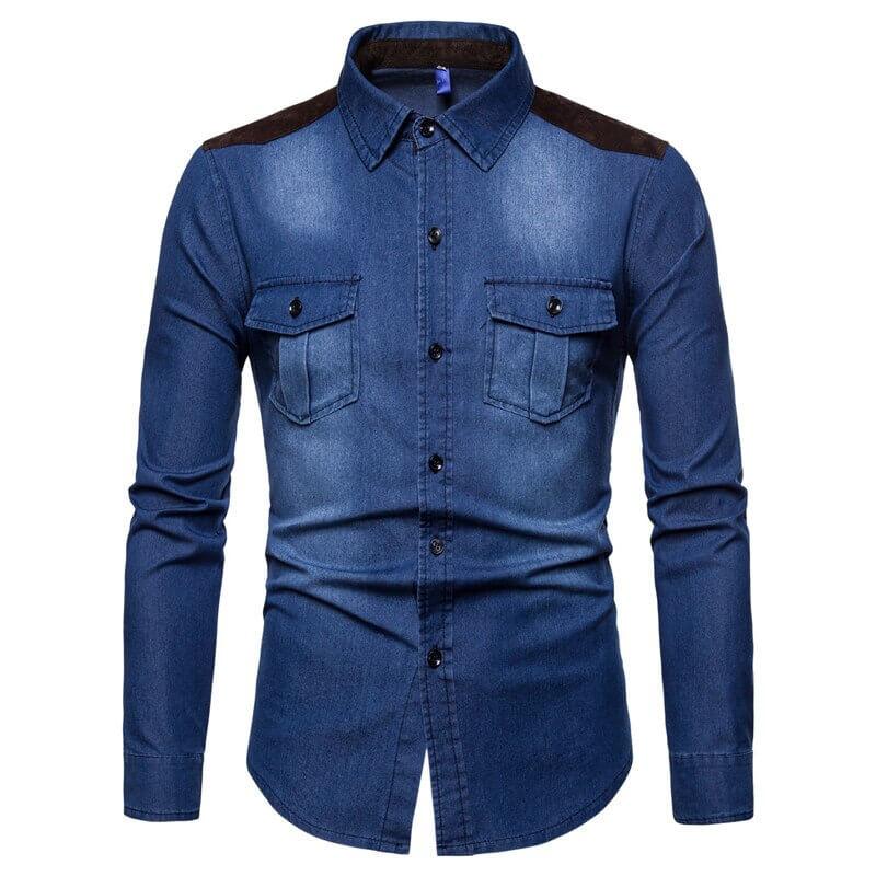 Long Sleeve Denim Shirt With Suede Shoulder & Elbow Pads -, Shirts & Tops , Drestiny , Australia, Blue, Casual Shirts, Dark Blue, Dress Shirts, L, Light Blue, M, New Zealand, United Kingdom, United States, XL, XXL, XXXL , Drestiny , www.shopdrestiny.com