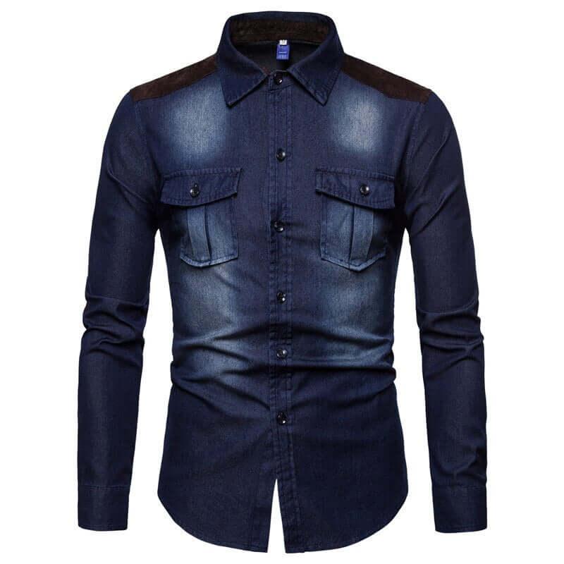 Long Sleeve Denim Shirt With Suede Shoulder & Elbow Pads -, Shirts & Tops , Drestiny , Australia, Blue, Casual Shirts, Dark Blue, Dress Shirts, L, Light Blue, M, New Zealand, United Kingdom, United States, XL, XXL, XXXL , Drestiny , www.shopdrestiny.com