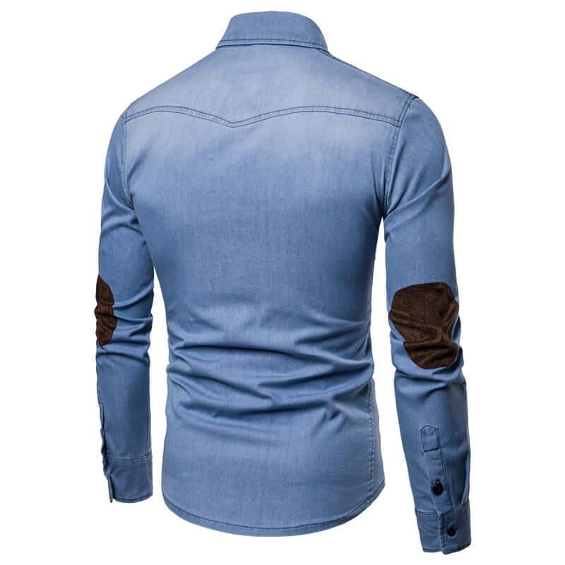 Long Sleeve Denim Shirt With Suede Shoulder & Elbow Pads -, Shirts & Tops , Drestiny , Australia, Blue, Casual Shirts, Dark Blue, Dress Shirts, L, Light Blue, M, New Zealand, United Kingdom, United States, XL, XXL, XXXL , Drestiny , www.shopdrestiny.com