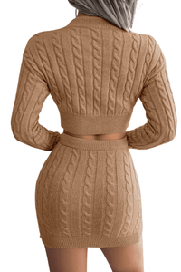 Thumbnail for Knitted Sweater + Skirt 2 Piece Set for Women -, Sets , Drestiny , Australia, Brown, Crop Tops, Khaki, L, Long Sleeves, M, New Zealand, Pink, Pullovers, S, Sets, Skirt Sets, Skirts, Sweaters, United Kingdom, United States, White , Drestiny , www.shopdrestiny.com