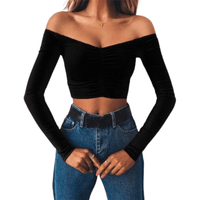 Thumbnail for Women's Long Sleeve Off Shoulder Crop Top -, Crop Top , Drestiny , Australia, Black, Canada, Crop Tops, FR, Gender_Women, L, Long Sleeves, M, New Zealand, Off Shoulder, Red, S, Tomato, United Kingdom, United States, White , Drestiny , www.shopdrestiny.com