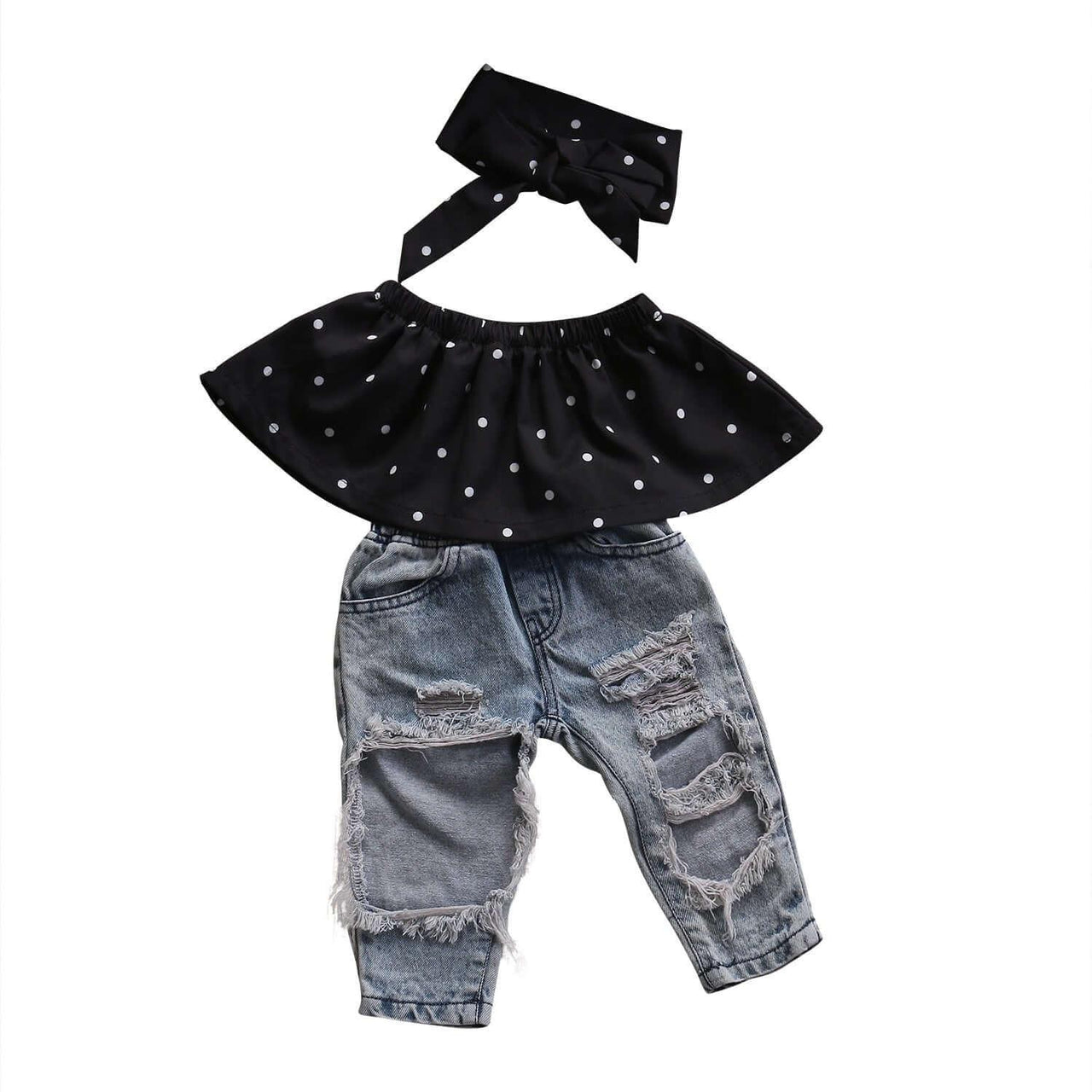 Baby Girls Off Shoulder Top + Big Hole Jeans Clothing Set 0-3Y -, Baby & Toddler Outfits , Drestiny , 12M, 18M, 24M, 3T, 6M, Australia, Black, Blue, Canada, Girls, Jeans, New Zealand, Sets, Sleeveless, United Kingdom, United States , Drestiny , www.shopdrestiny.com