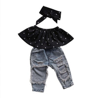 Thumbnail for Baby Girls Off Shoulder Top + Big Hole Jeans Clothing Set 0-3Y -, Baby & Toddler Outfits , Drestiny , 12M, 18M, 24M, 3T, 6M, Australia, Black, Blue, Canada, Girls, Jeans, New Zealand, Sets, Sleeveless, United Kingdom, United States , Drestiny , www.shopdrestiny.com