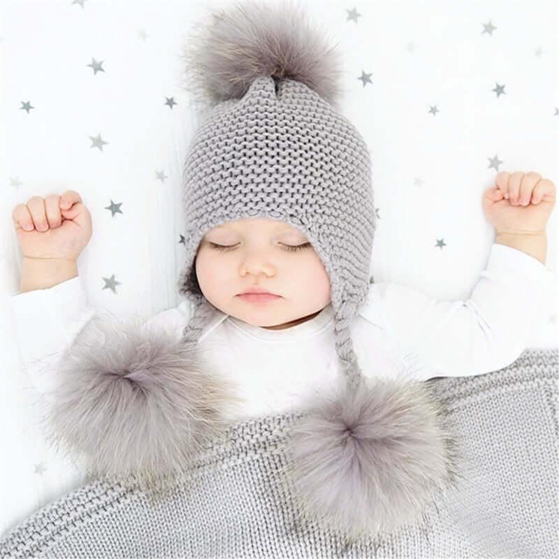 Baby Hat with Three Real Fur Pompoms -, Hats , Drestiny , Australia, Canada, Hats, New Zealand, United Kingdom, United States , Drestiny , www.shopdrestiny.com