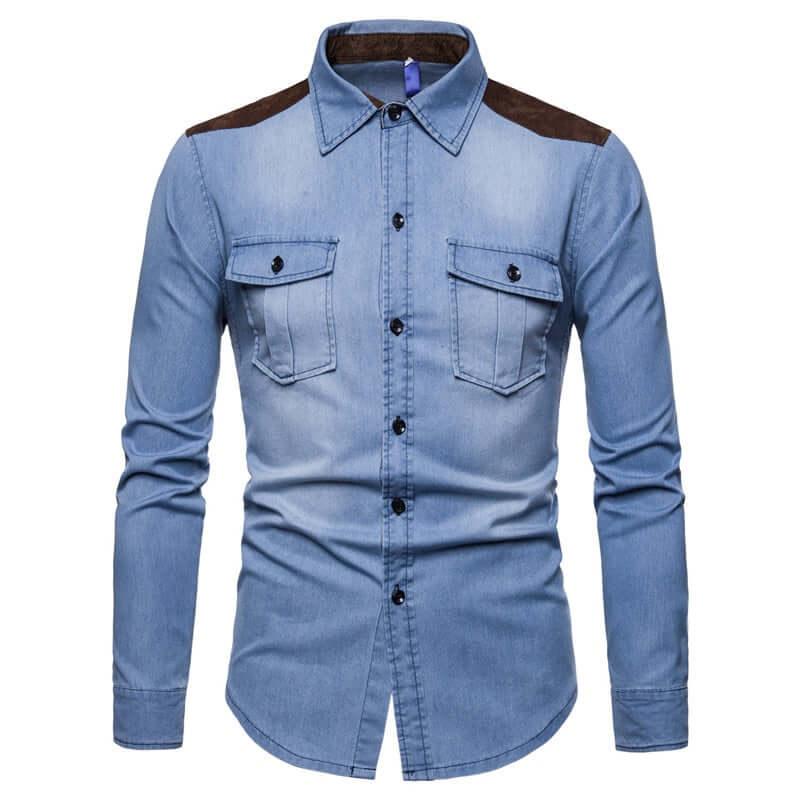 Long Sleeve Denim Shirt With Suede Shoulder & Elbow Pads -, Shirts & Tops , Drestiny , Australia, Blue, Casual Shirts, Dark Blue, Dress Shirts, L, Light Blue, M, New Zealand, United Kingdom, United States, XL, XXL, XXXL , Drestiny , www.shopdrestiny.com